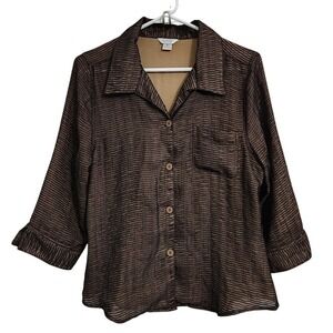 Christopher & Banks Women's Size M Brown Striped Button Up Shirt‎ 3/4 Sleeve C56